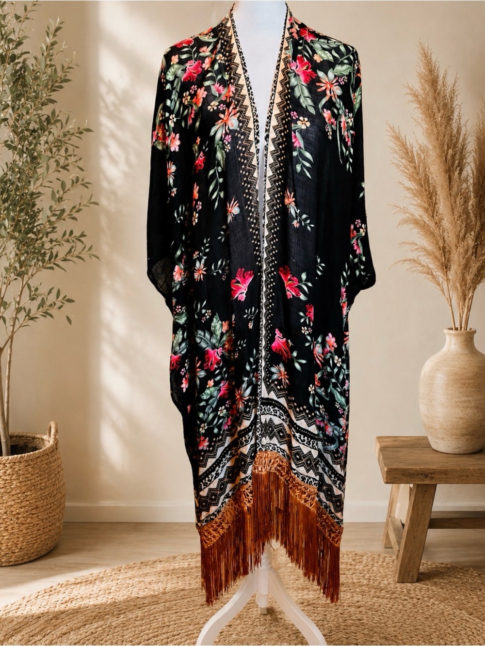Aratta Black Floral Fringe Kimono